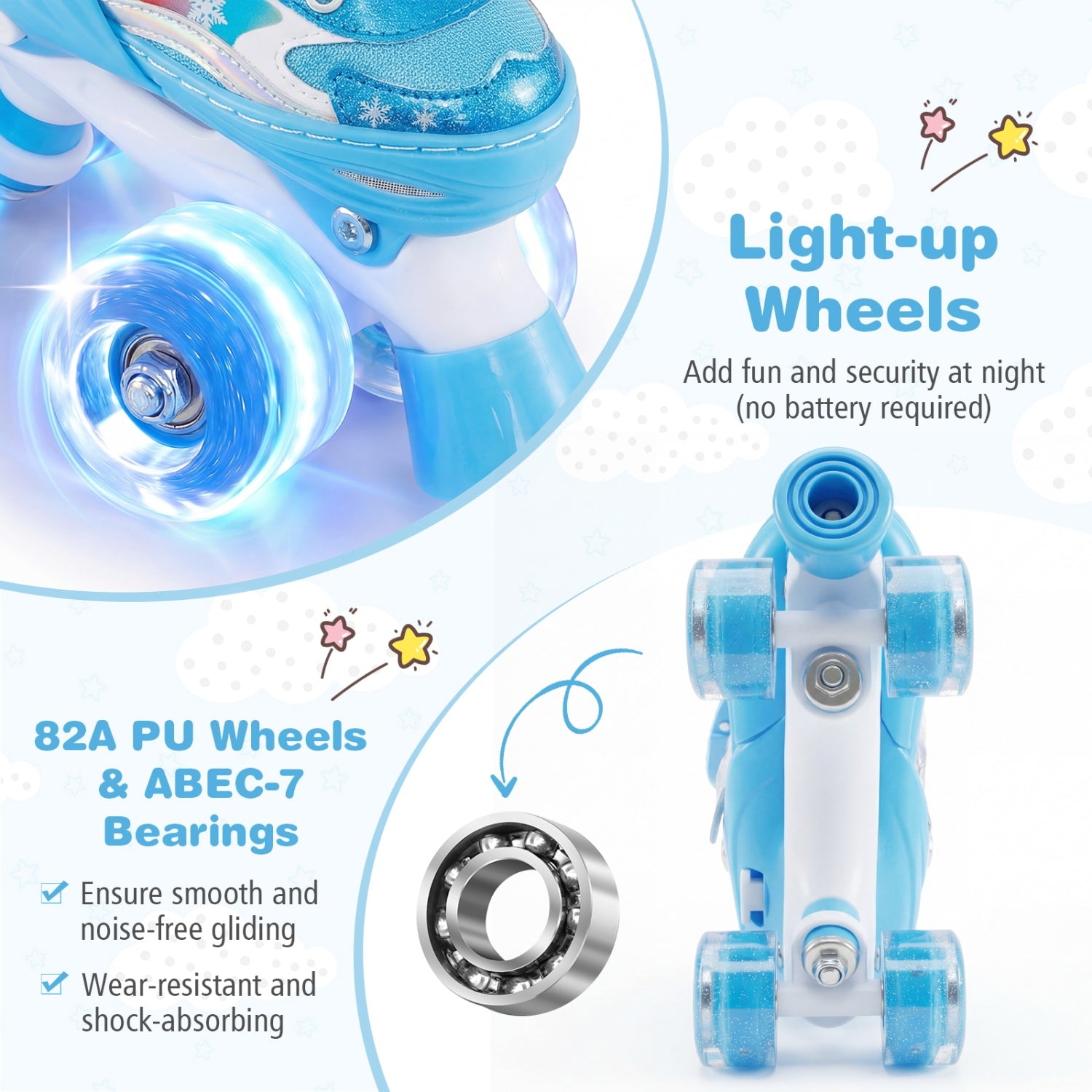 Blue roller skates with light-up wheels and 82A PU wheels on a white background
