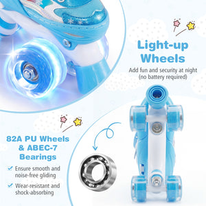 Blue roller skates with light-up wheels and 82A PU wheels on a white background