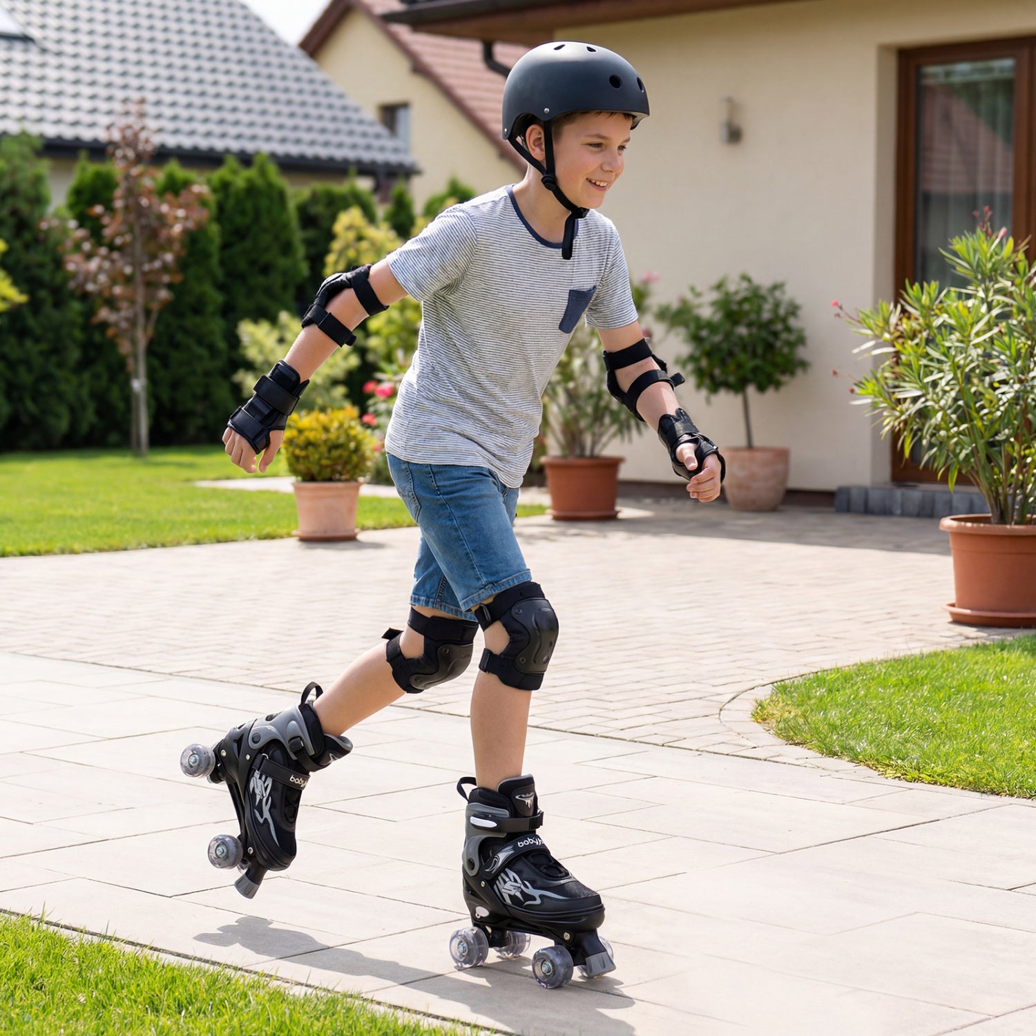Child rollerblading on a patio with protective gear, surrounded by plants and a house.