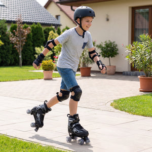 Child rollerblading on a patio with protective gear, surrounded by plants and a house.