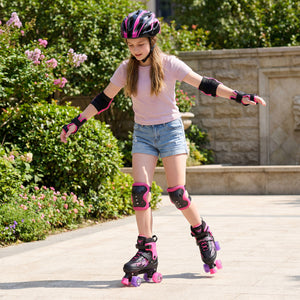 Girl roller skating outdoors with protective gear on a sunny day.