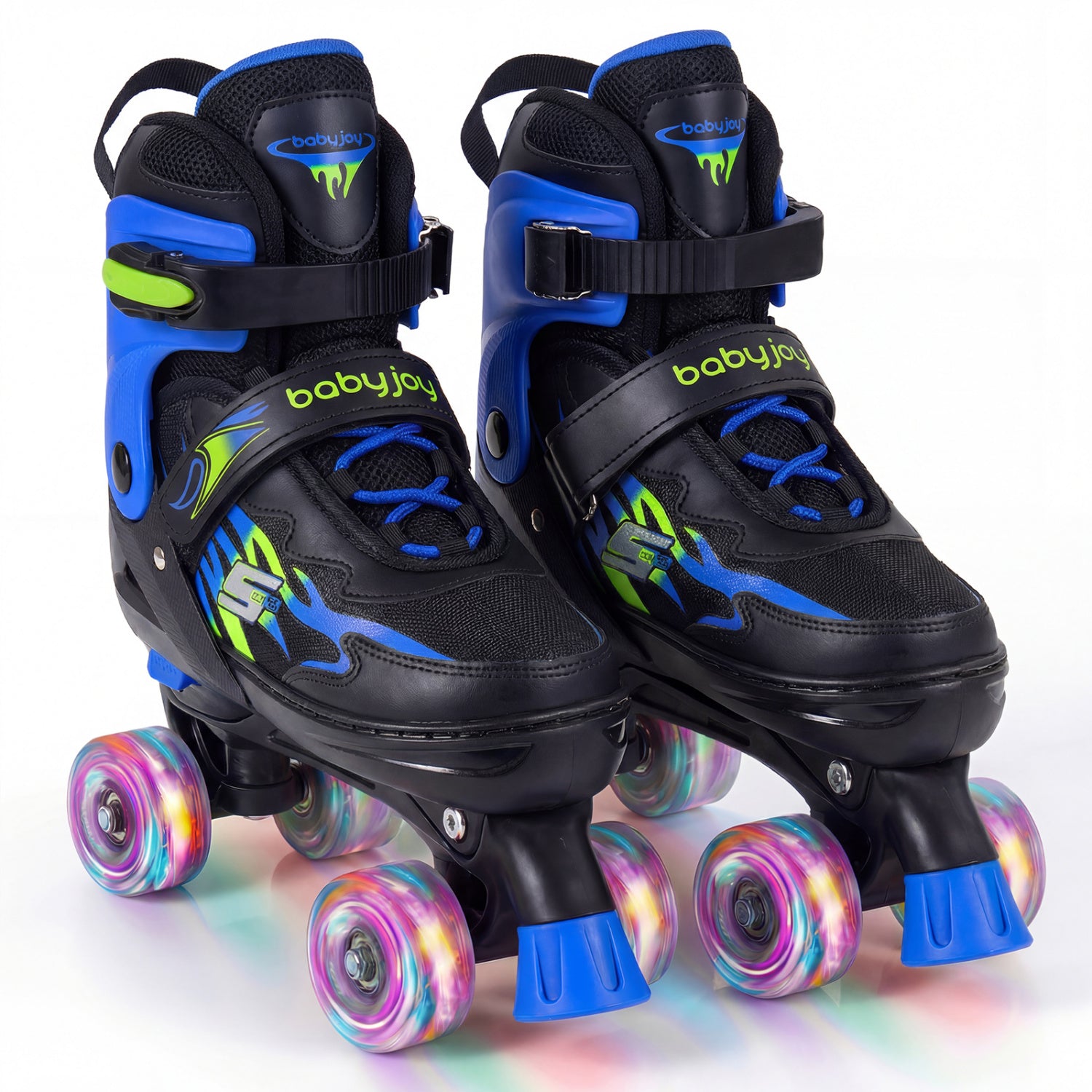 Black and blue roller skates with colorful wheels on a white background