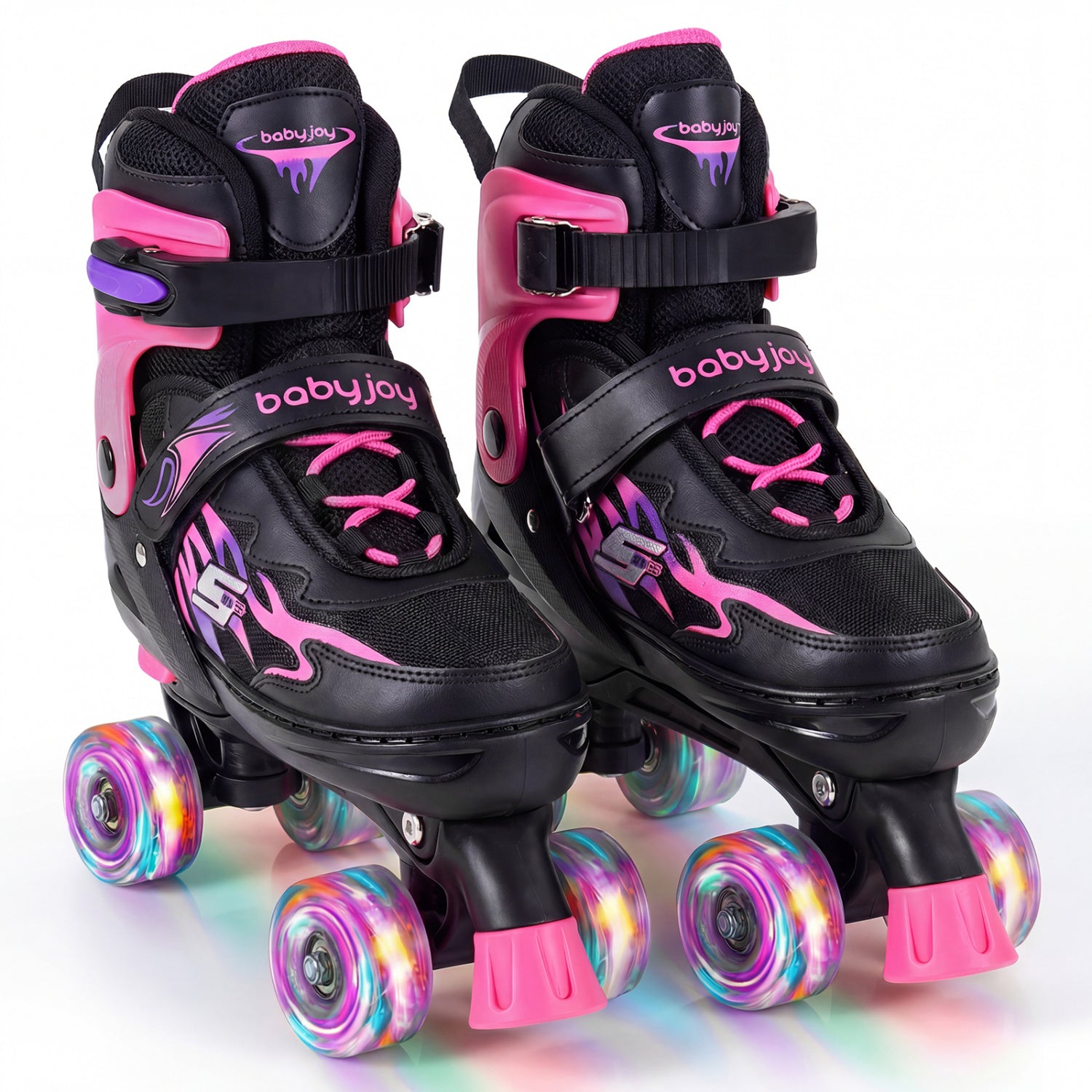 Black and pink roller skates with colorful wheels on a white background