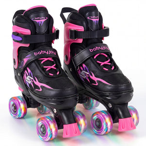 Black and pink roller skates with colorful wheels on a white background
