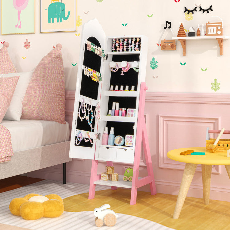 Pink jewelry armoire in a child's room with toys and furniture.