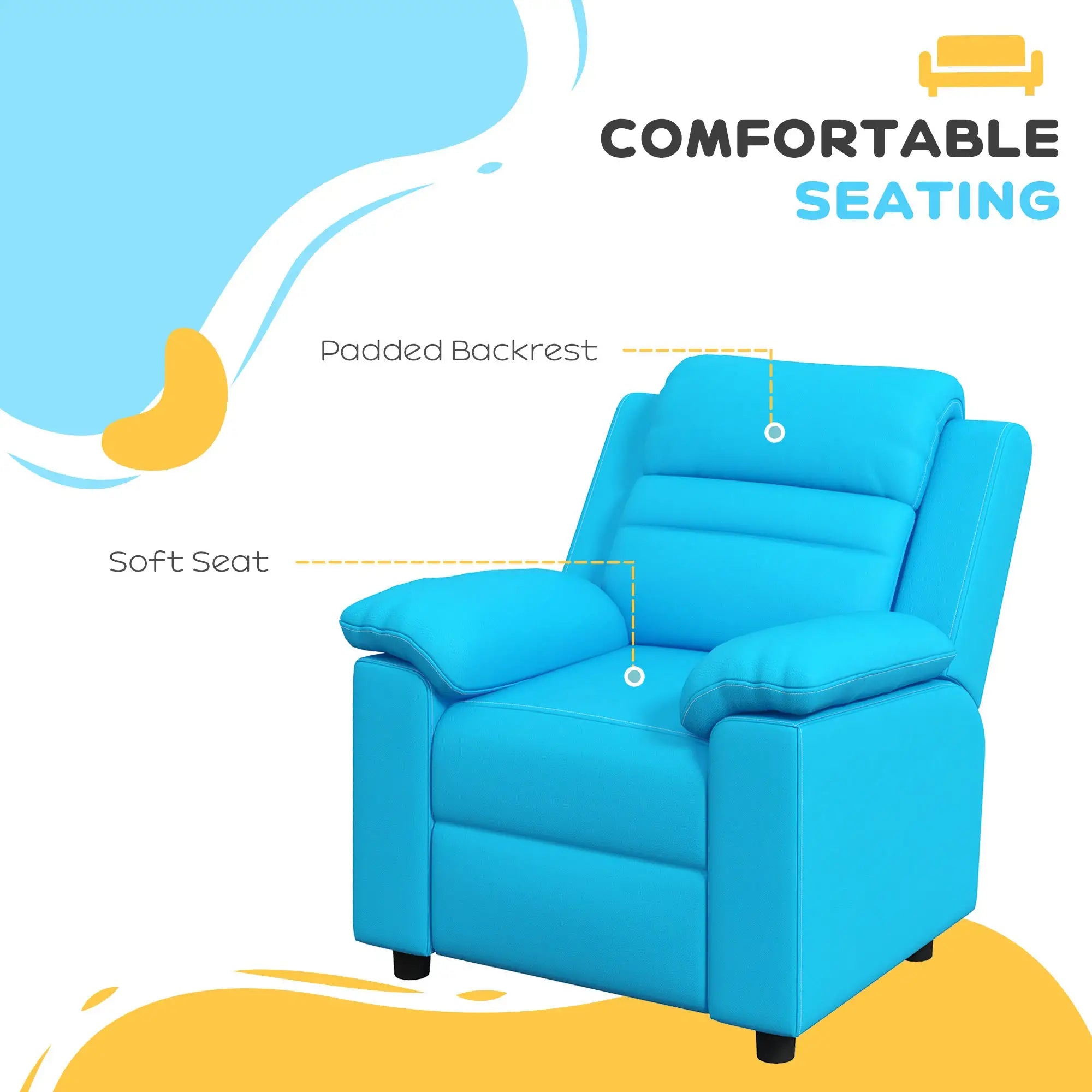 Blue recliner chair with labeled features on a white background