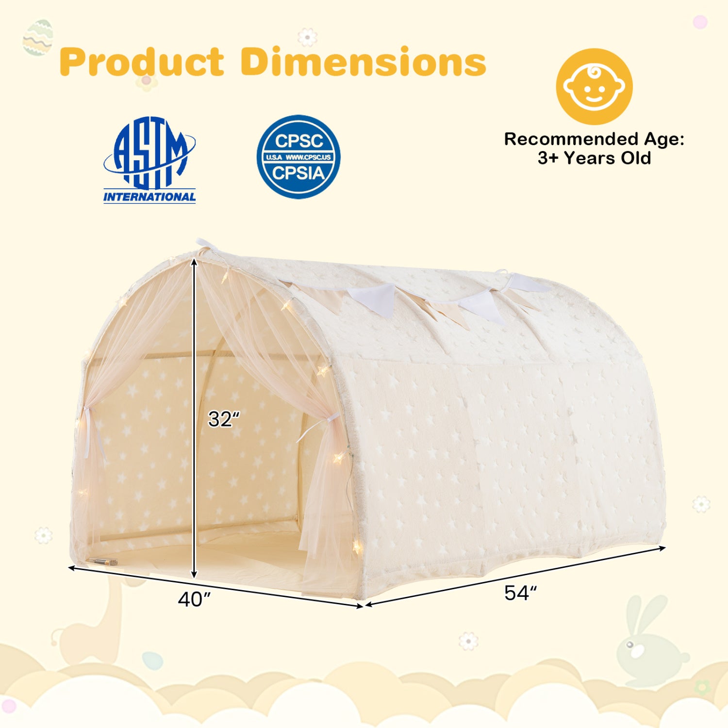 Children's play tent with dimensions and safety certification logos on a light background