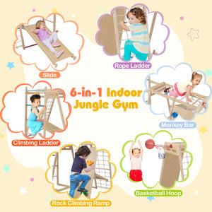 Wooden kids jungle gym with rope ladder for climbing fun