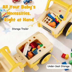 Toy storage trailer with colorful building blocks on a soft surface