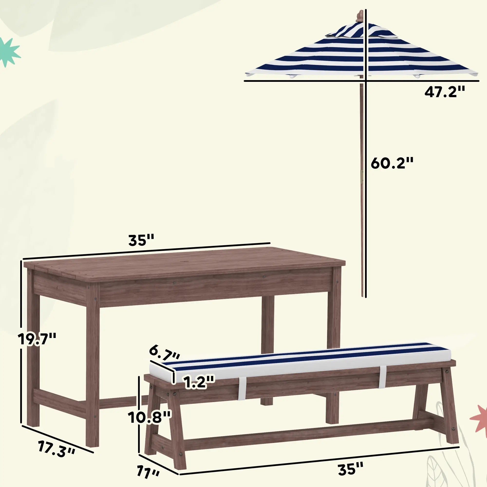 Outdoor furniture set with table, bench, and umbrella with dimensions on a white background