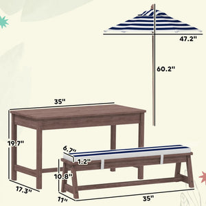 Outdoor furniture set with table, bench, and umbrella with dimensions on a white background