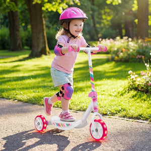 Child riding a scooter in a park with a helmet and protective gear.