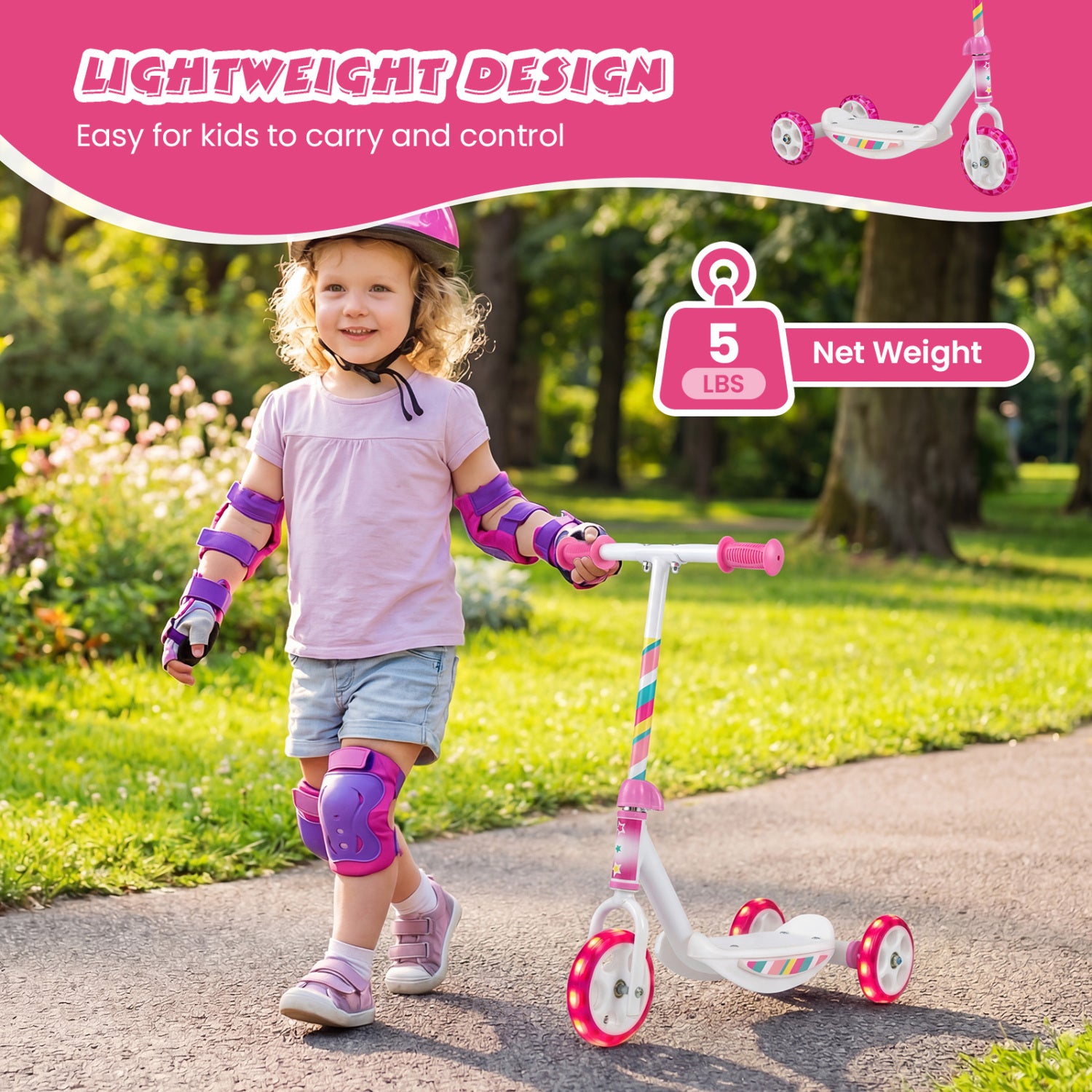 Child riding a scooter with safety gear in a park, highlighting the scooter's lightweight design.