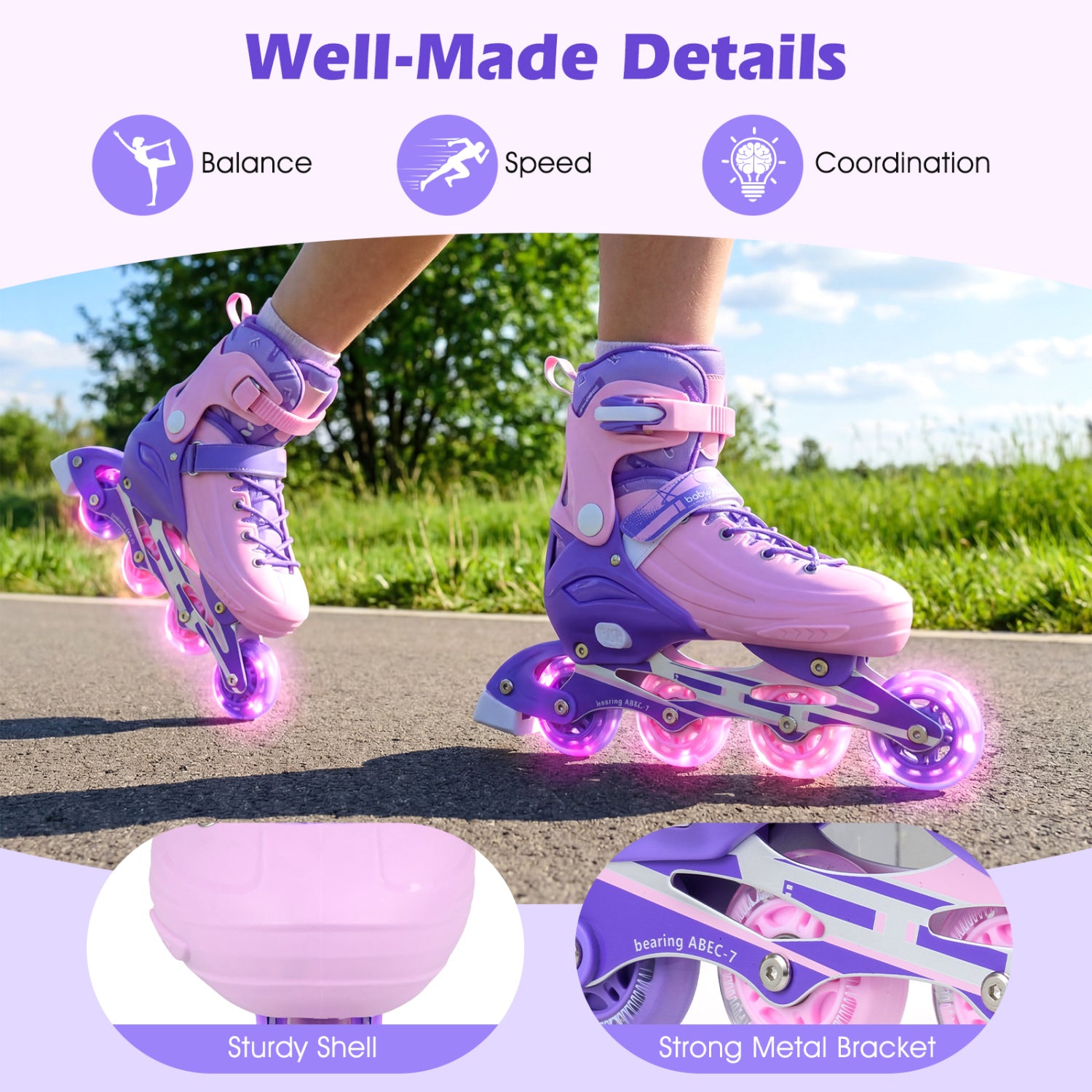 Purple and pink inline skates with glowing wheels on a road with greenery in the background.