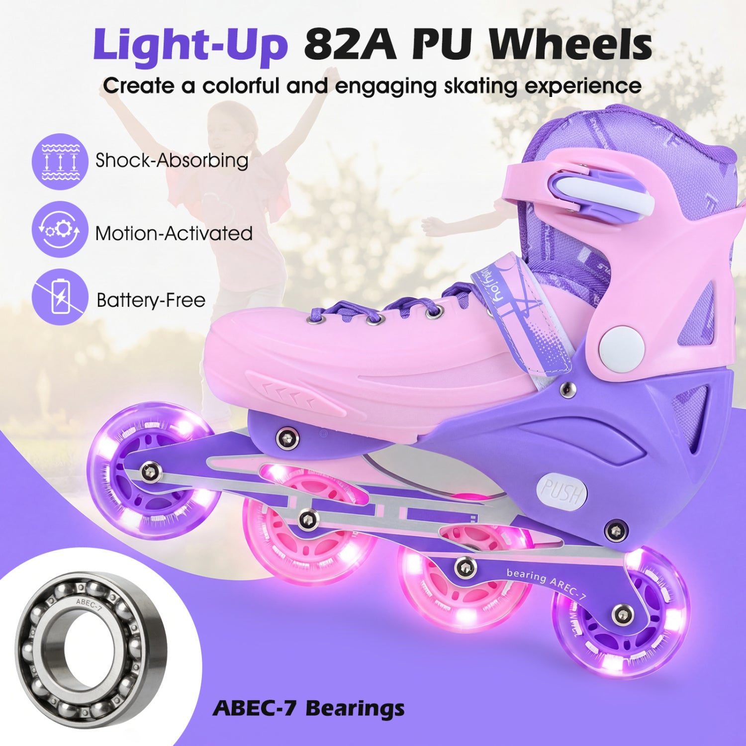 Purple and pink roller skates with light-up wheels on a white background