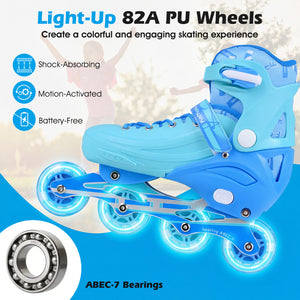 Blue roller skates with light-up wheels and ABEC-7 bearings on a white background