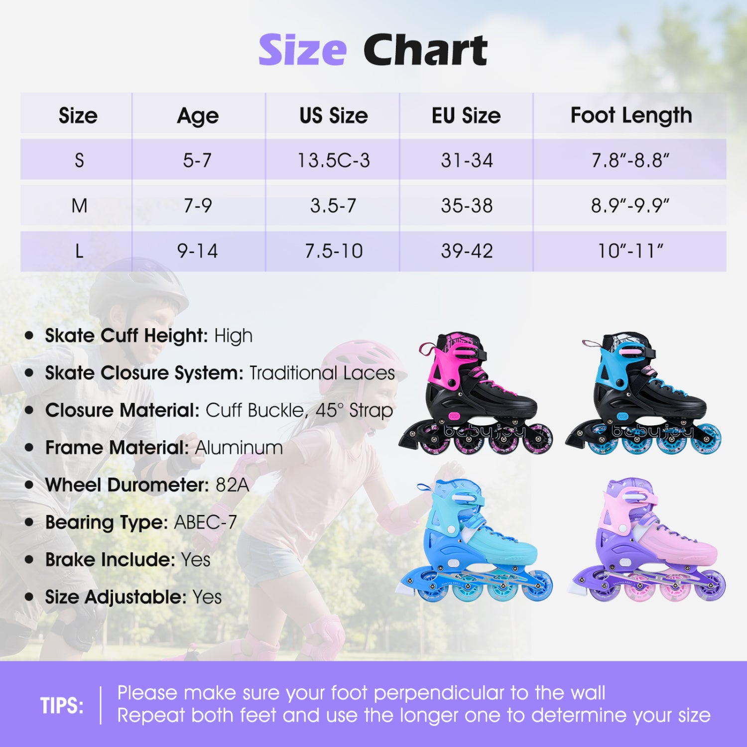 Size chart for roller skates with color options and specifications.