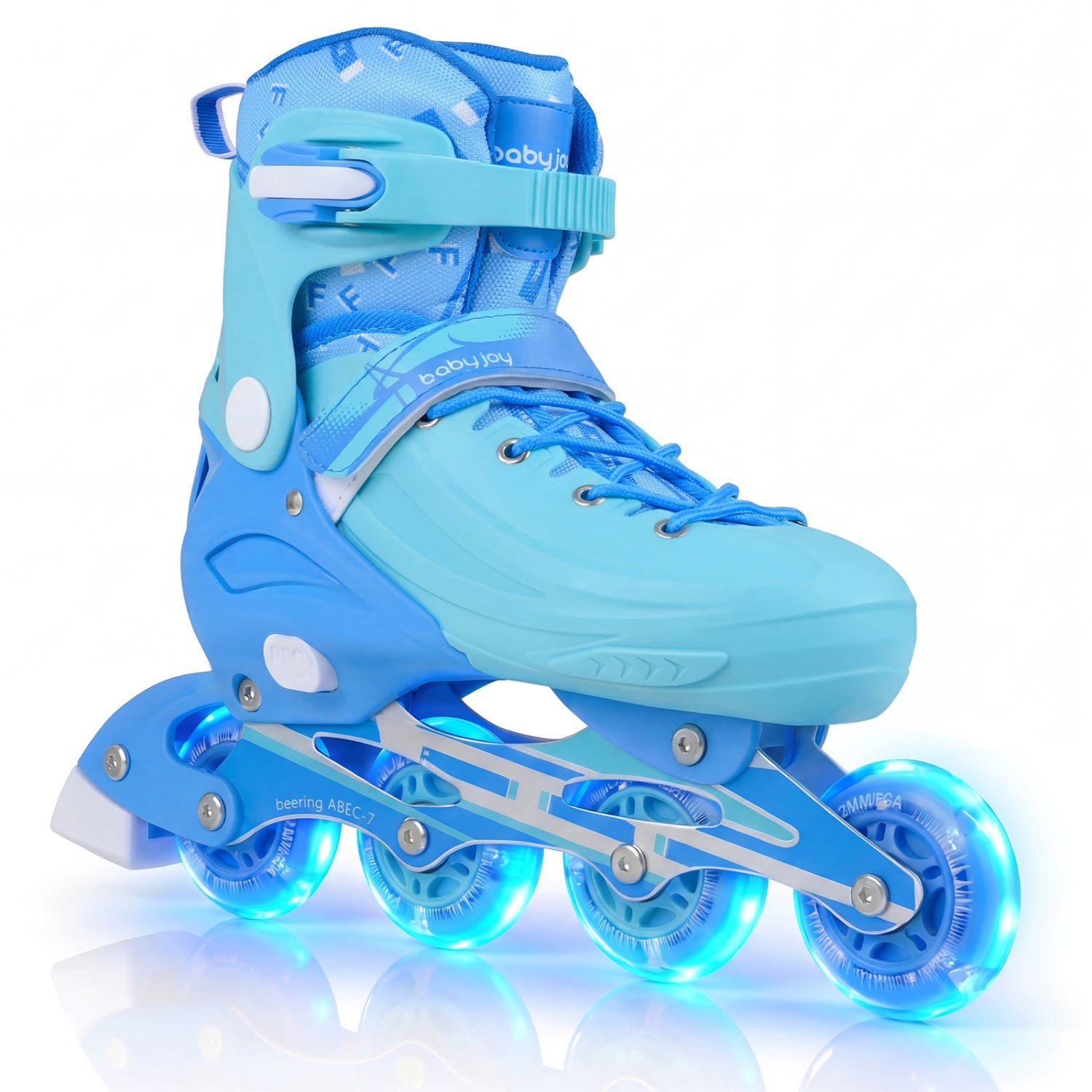 Blue inline skates with glowing wheels on a white background