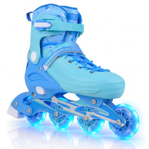 Blue inline skates with glowing wheels on a white background