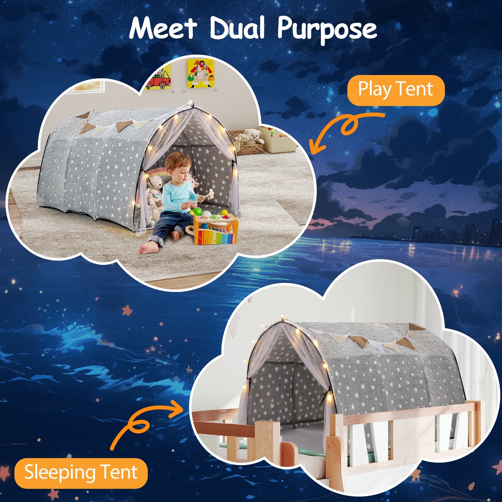 Children's play tent with dual purpose for playing and sleeping, set against a night sky background.