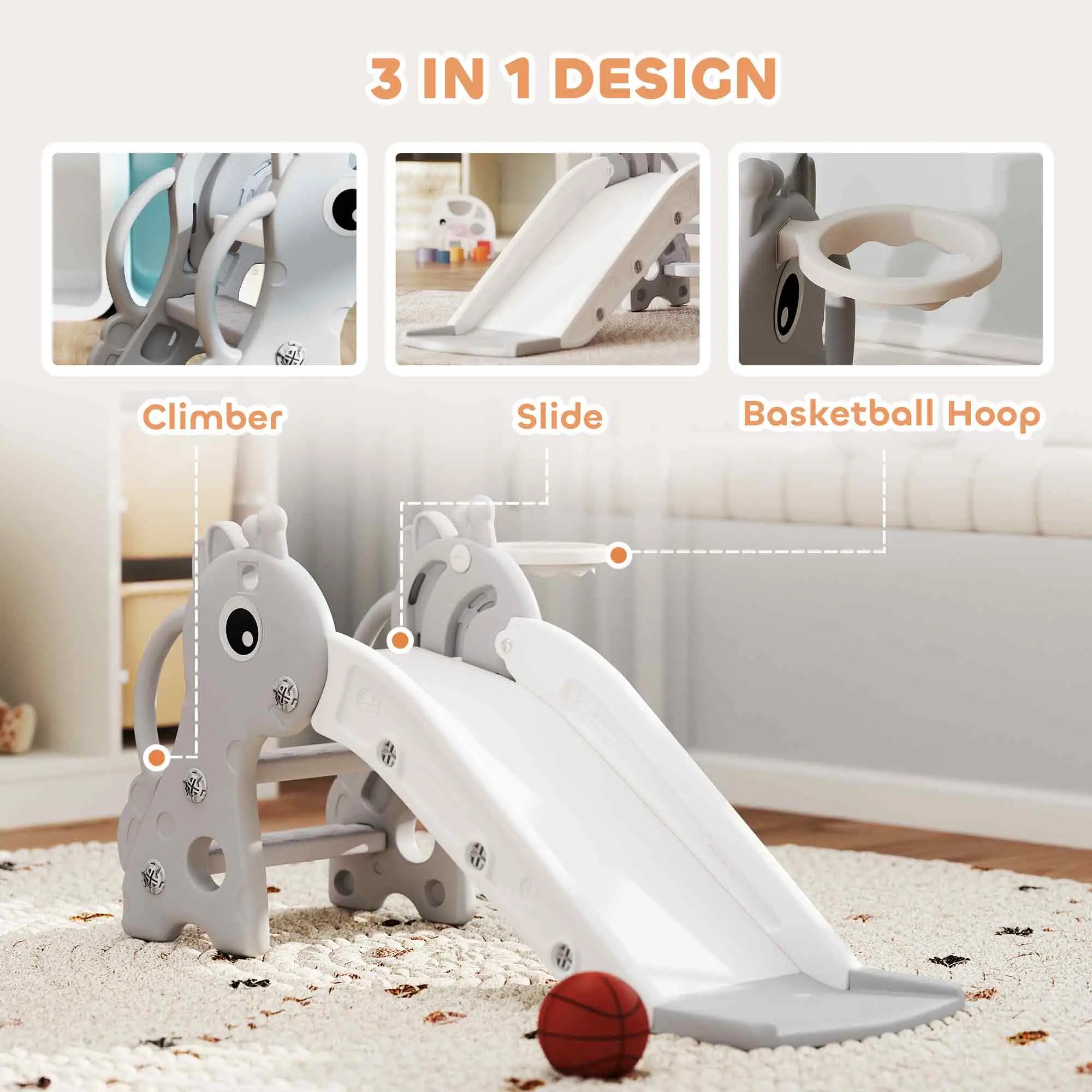 Children's playground structure with climber, slide, and basketball hoop in a room setting.