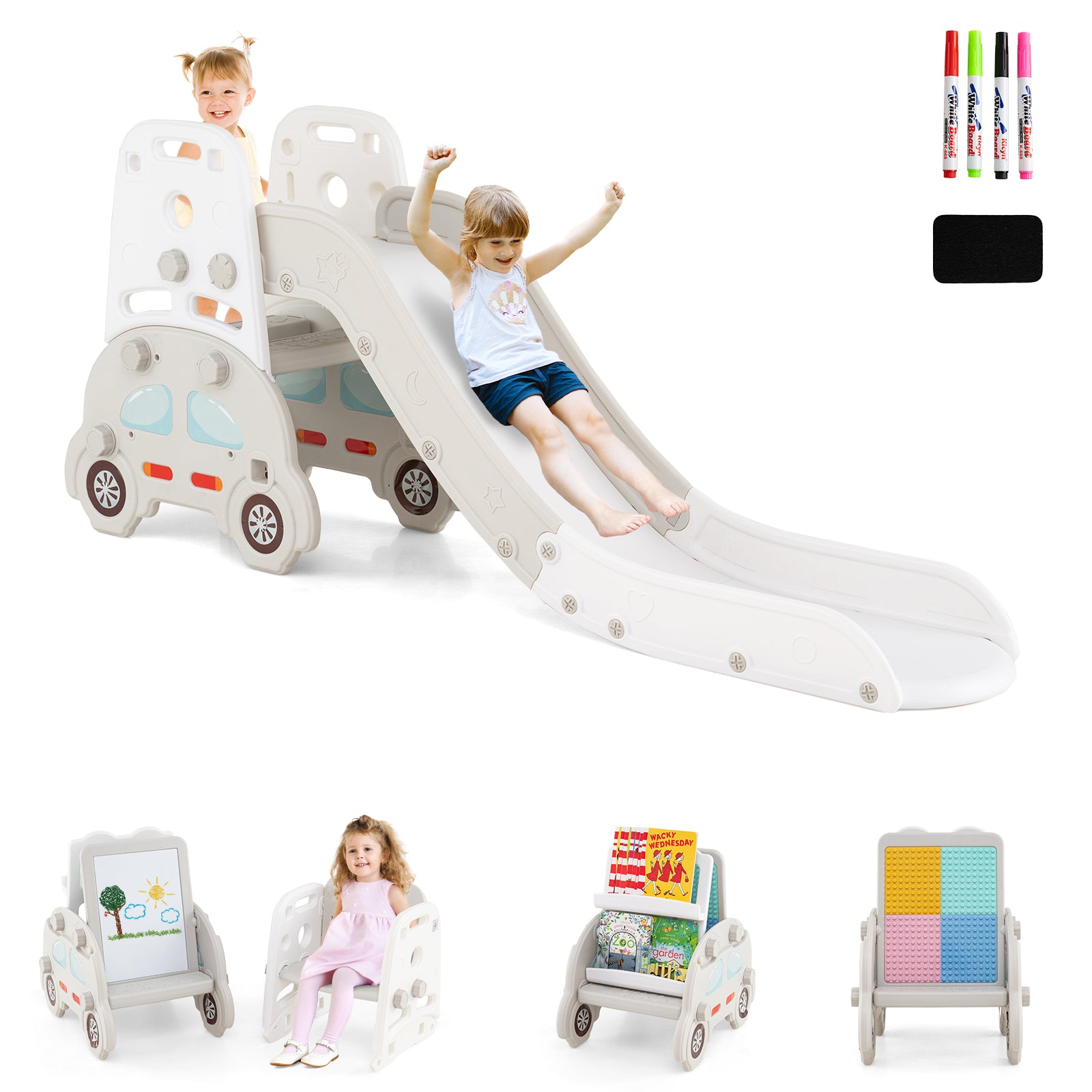 Kids indoor slide with double-sided magnetic art easel