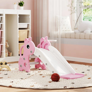 Pink children's slide with horse design on a carpeted floor in a room.
