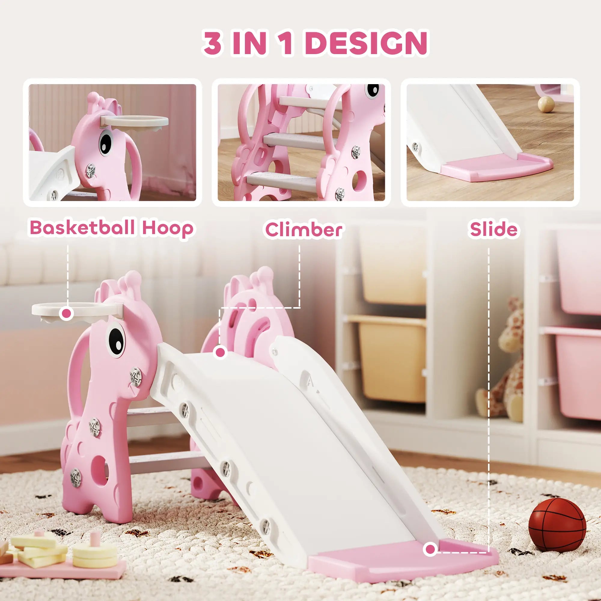 Pink children's play structure with basketball hoop, climber, and slide in a room setting.