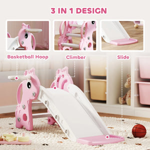 Pink children's play structure with basketball hoop, climber, and slide in a room setting.