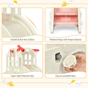 Product features of a children's play structure with measurements and assembly details.