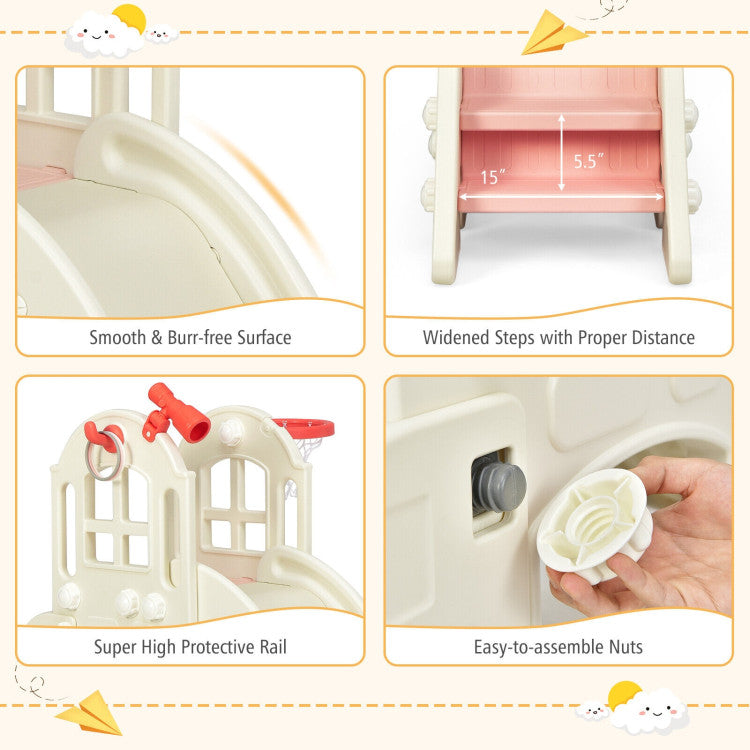 Product features of a children's play structure with measurements and assembly details.