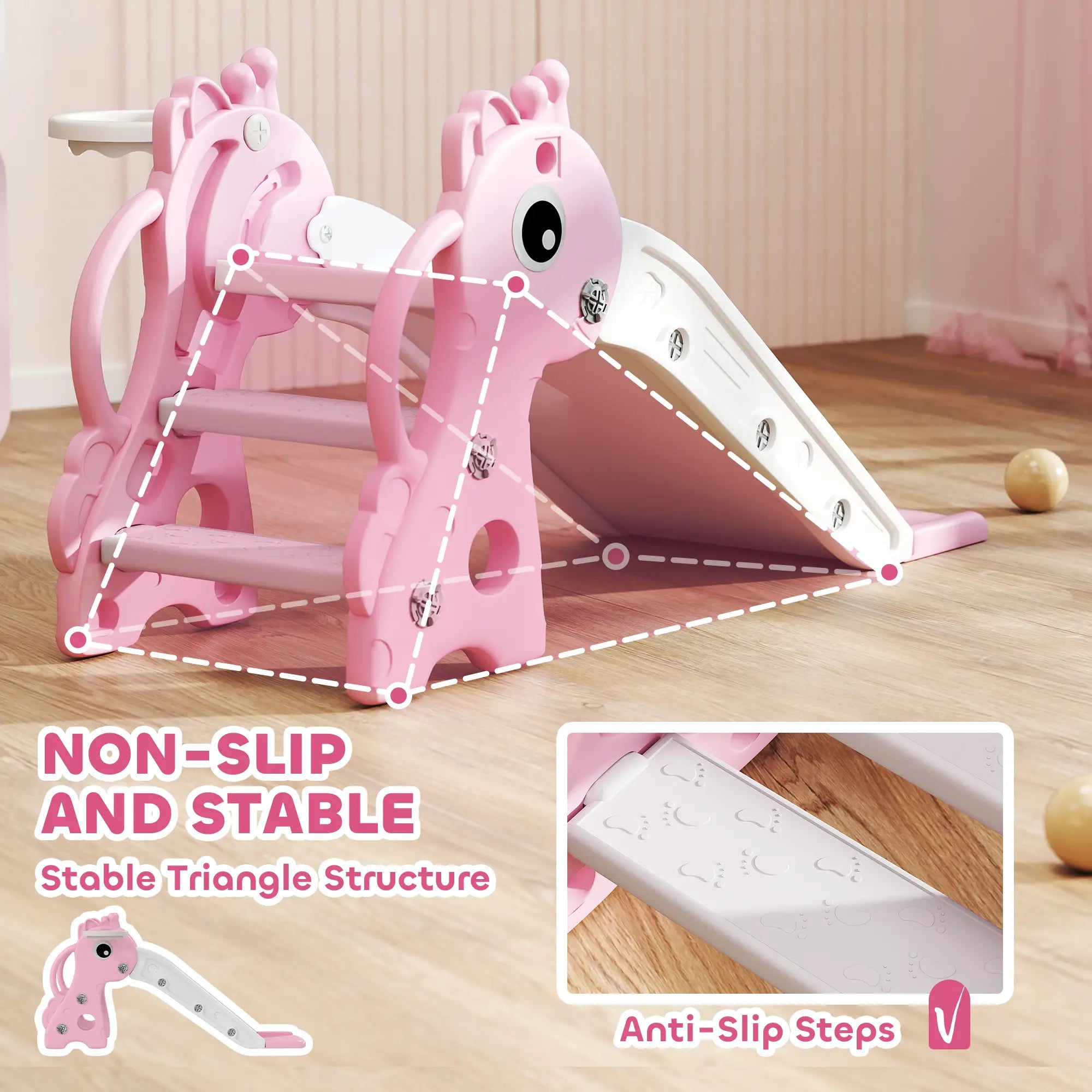 Pink and white children's slide with stable triangle structure on a wooden floor.