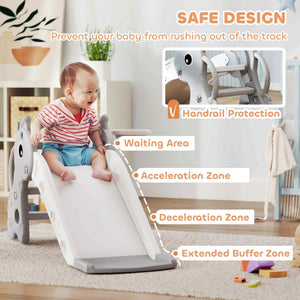 Child on a slide with safety features highlighted in a home setting