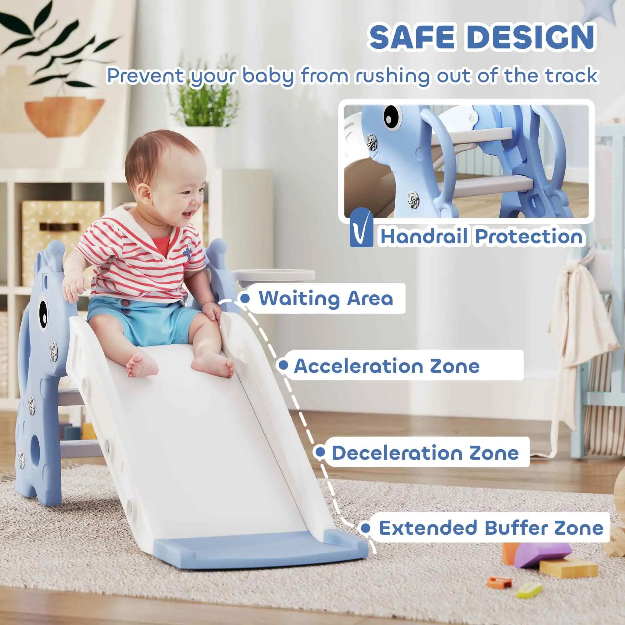 Child on a slide with safety features highlighted in a home setting