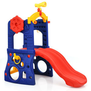 Colorful playground toy with a red slide on a white background