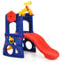 Colorful playground toy with a red slide on a white background