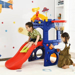 Children playing with a colorful play structure in a room.