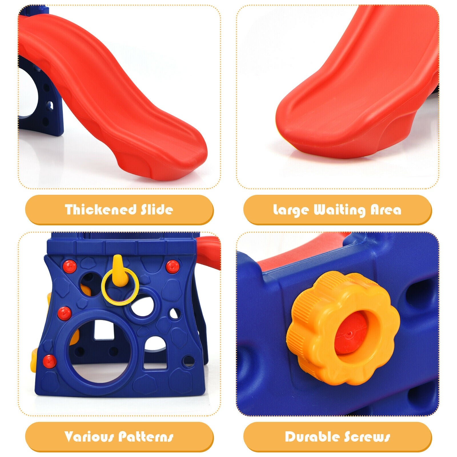 Playset with red slide, blue structure, and yellow flower detail on a white background
