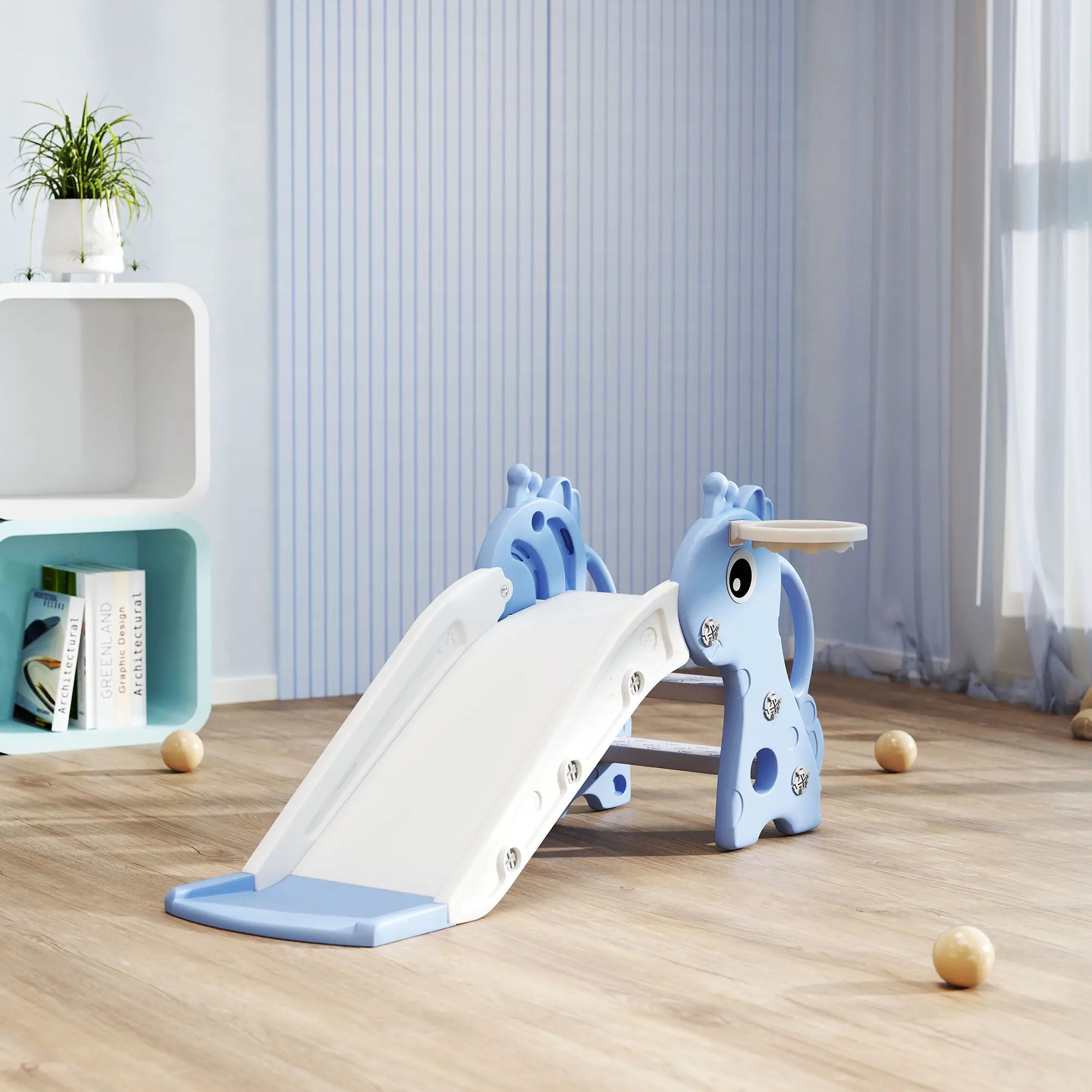 Children's slide and swing set on a wooden floor with a white wall and plant in the background