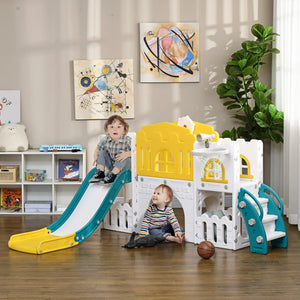 Children playing with a colorful playset in a room with toys and books.
