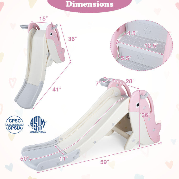 Pink and cream whale-shaped children's slide with dimension annotations showing measurements from multiple angles, including a circular inset detail of the stair tread and a safety certification logo.