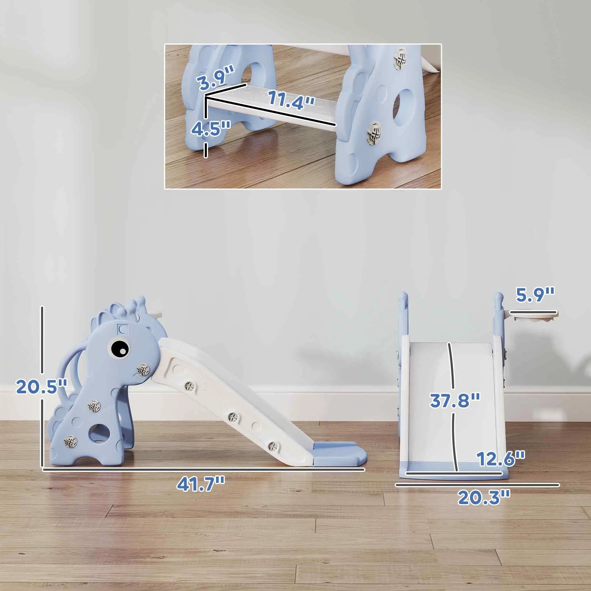 Measurement chart of a children's slide with dimensions labeled on a wooden floor.