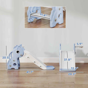 Measurement chart of a children's slide with dimensions labeled on a wooden floor.