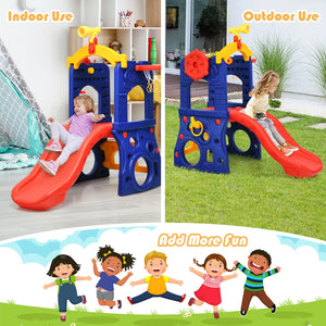 Children's slide with indoor and outdoor usage, featuring a cartoon of children playing.