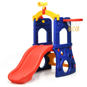 Children's play structure with red slide, blue platform, and yellow accents on a white background