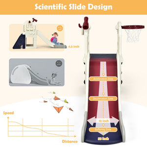 Children's slide with basketball hoop and slide design features on a white background