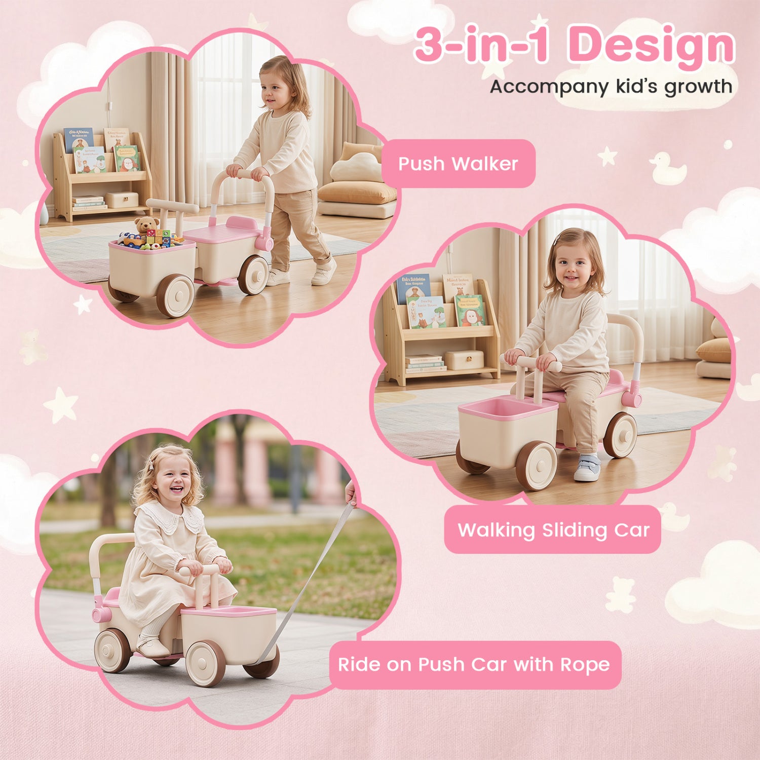 Three images of a child using a 3-in-1 push walker, walking sliding car, and ride-on push car with rope on a pink background.
