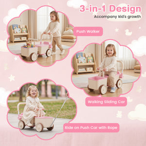 Three images of a child using a 3-in-1 push walker, walking sliding car, and ride-on push car with rope on a pink background.