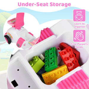 Children's toy with under-seat storage compartment containing colorful building blocks.