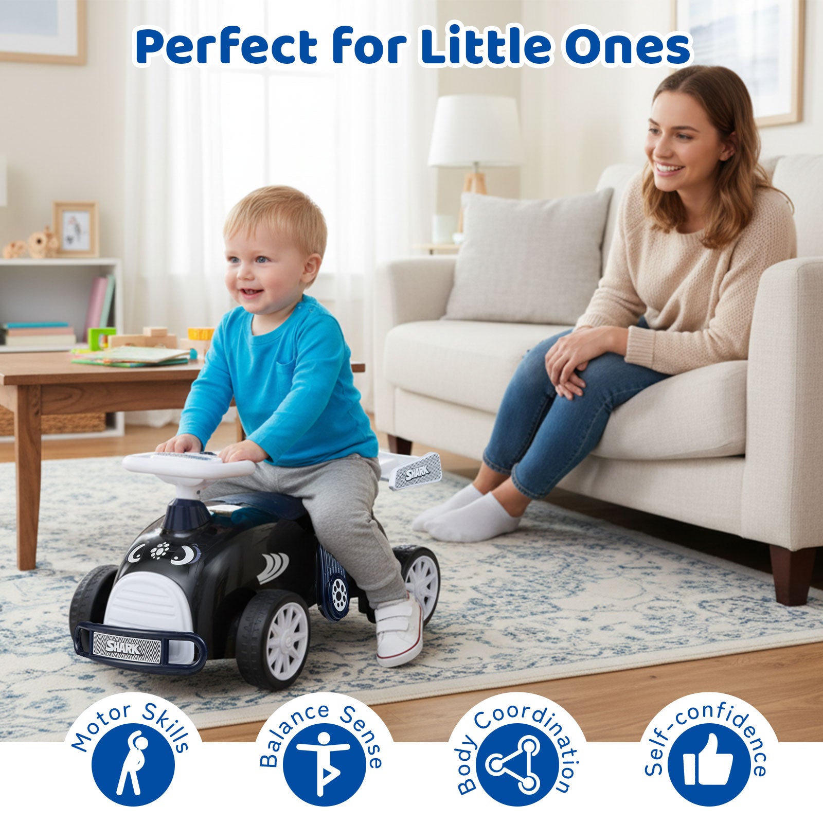 Child playing with a toy car in a living room with a woman sitting on a couch, surrounded by icons indicating developmental benefits.